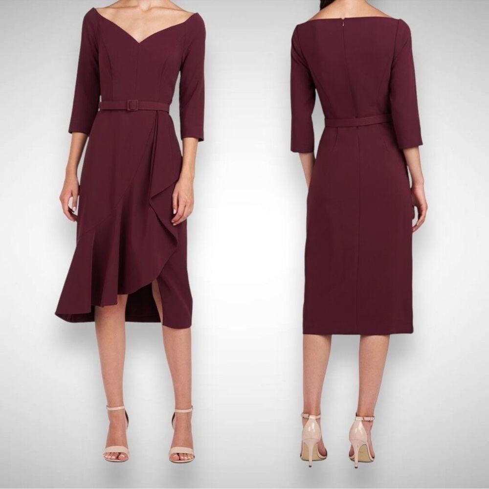 NWOT Kay Unger Izzy Ruffle Side Slit Belted Midi Dress Molasses Purple sz 6